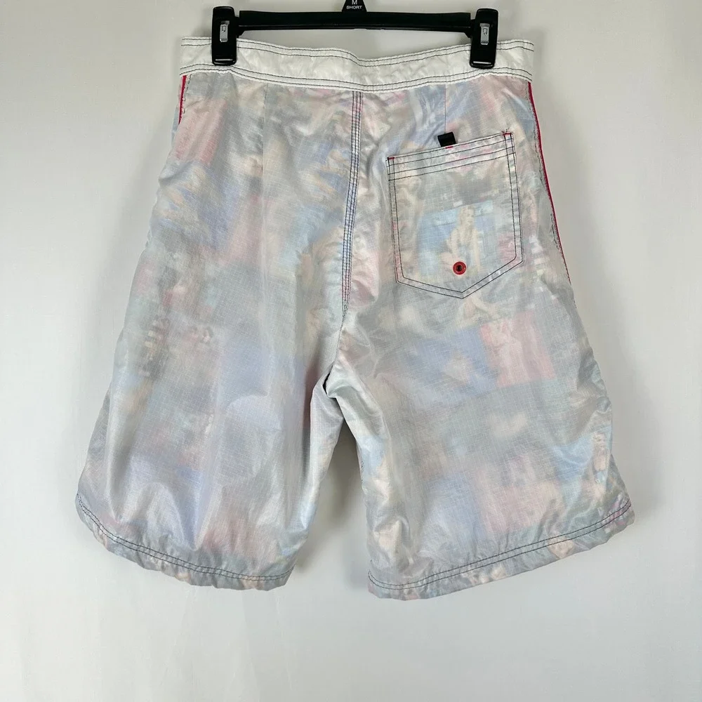 Vintage Aaron Chang Mens Board Shorts 32 Swim Trunks Ripstop Photo Print USA Y2K